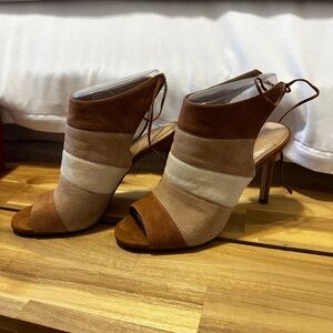 BCBGeneration Tan and Cream Peep-Toe Heels